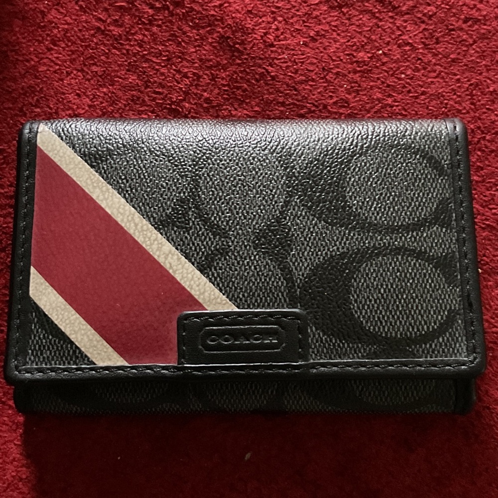 Coach Men's Black Card & Key Holder with Red and Cream Stripe